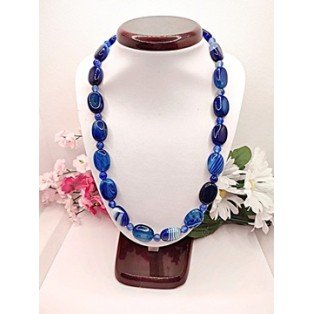 Blue Banded Agate Necklace - Oval Beads 18mm x 12mm - 19 Inches Long